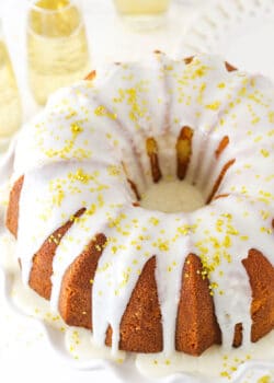 A Champagne Pound Cake Topped with Gold Sprinkles.