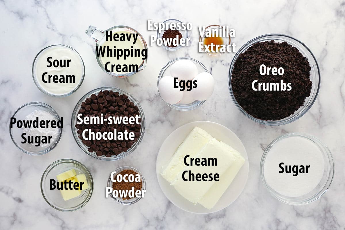 Ingredients for chocolate cheesecake.