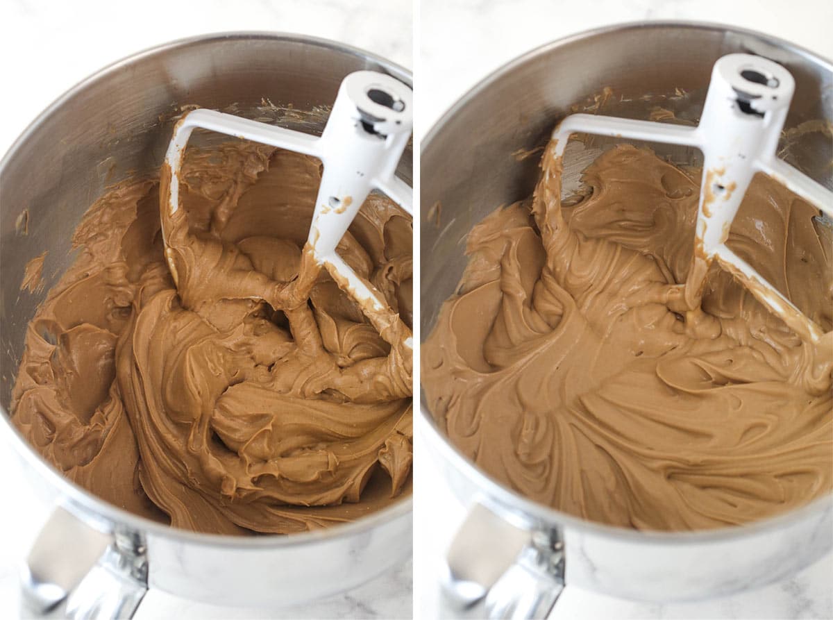 Beating together the cream cheese, sugar, and cocoa powder to make chocolate cheesecake batter.