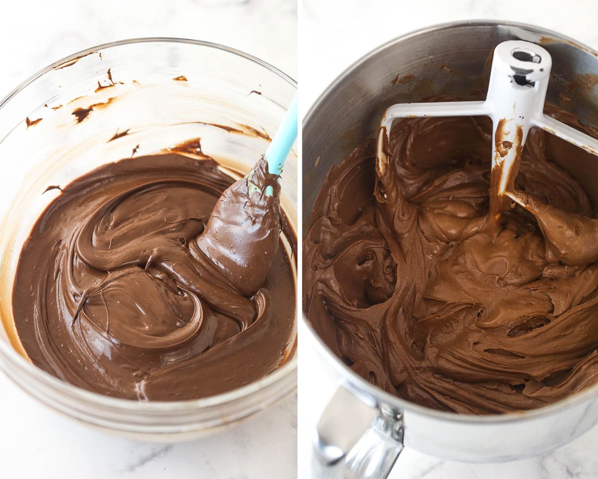 Stirring melted chocolate into cheesecake batter.
