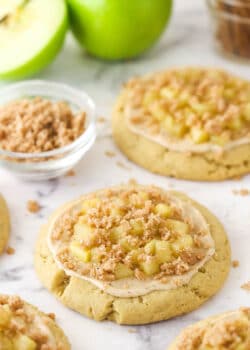 Close up of a fully decorated Copycat Crumbl Apple Crumb Cake Cookie.