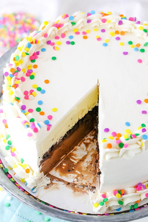 full Copycat Dairy Queen Ice Cream Cake with a slice cut out