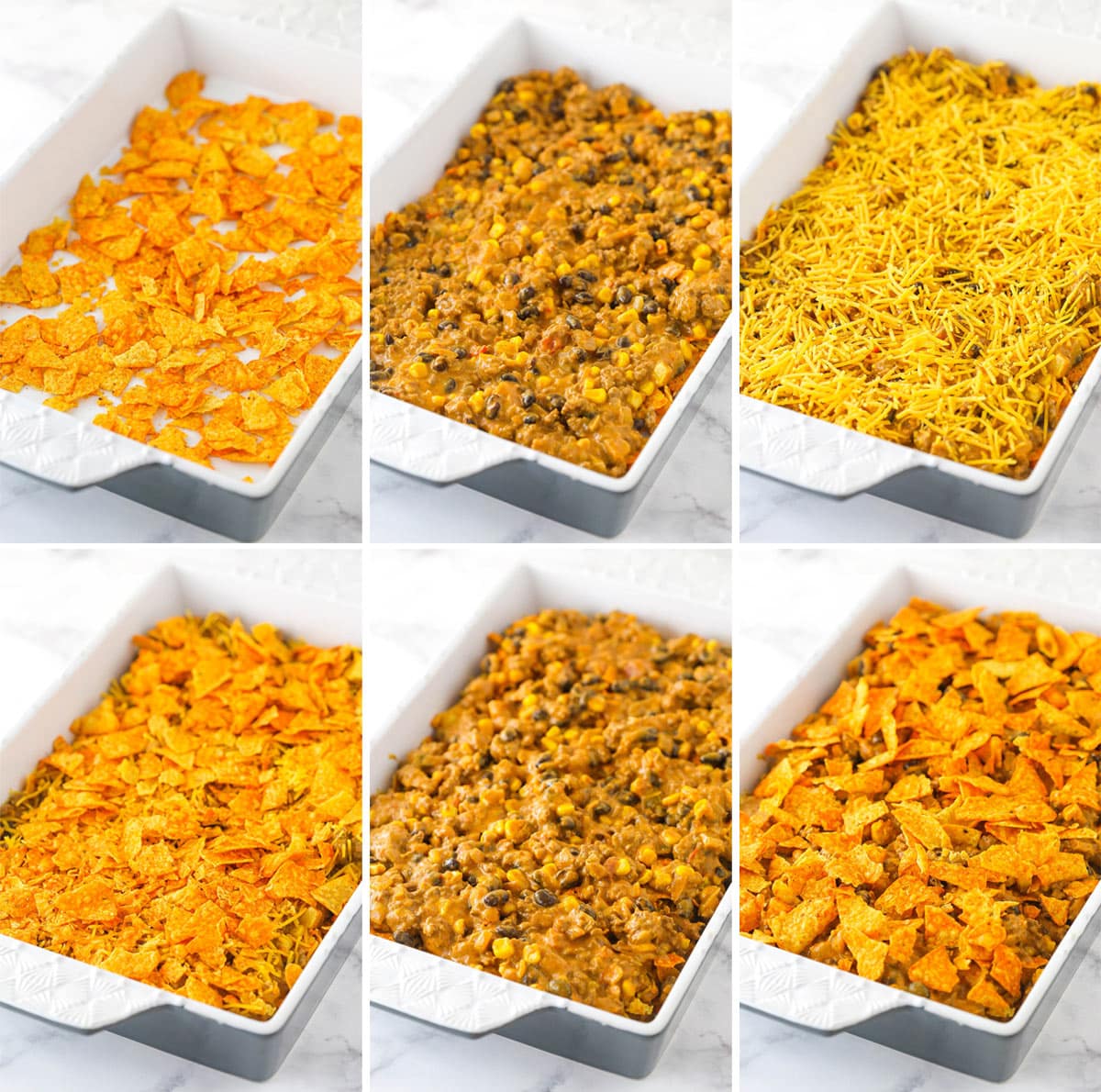 Stages of baking Dorito casserole.