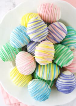 overhead image of easter egg oreo cookie balls in a white bowl