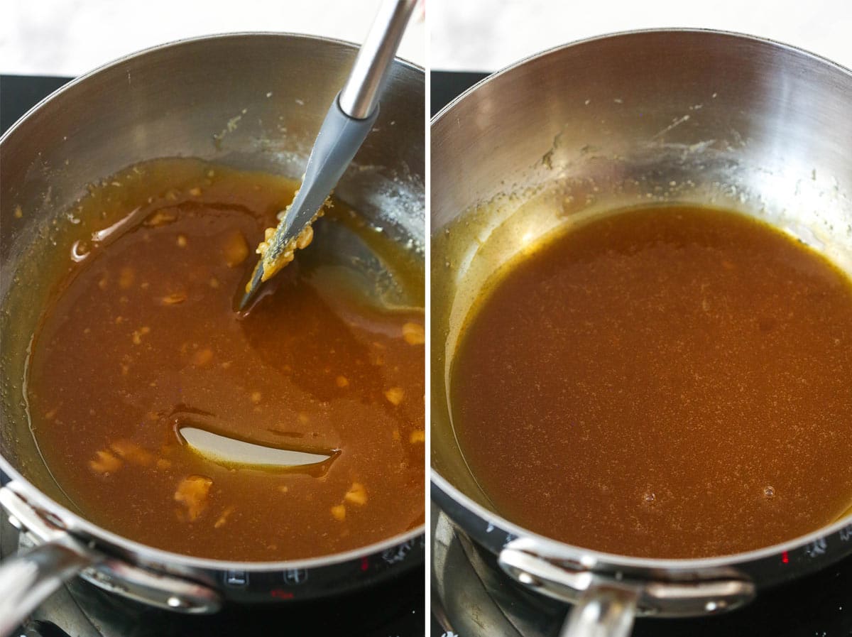 Side-by-side images of sugar going from almost fully melted to nice and brown.
