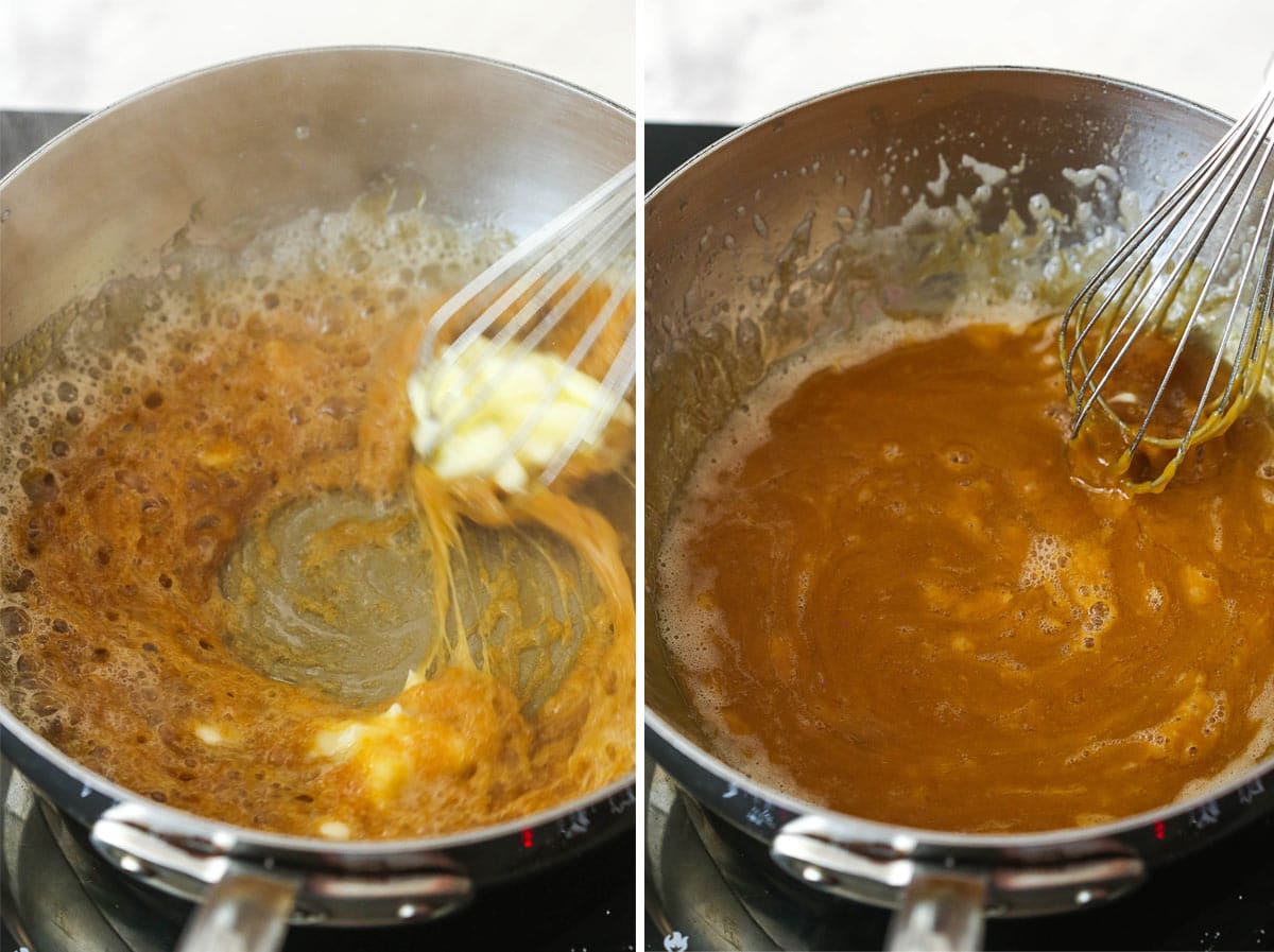 Whisking butter into melted sugar to make caramel sauce.
