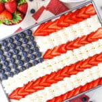 Overhead view of Angel Food Flag Cake in a gray cake pan