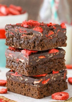 stack of Fudgy Strawberry Chocolate Brownies