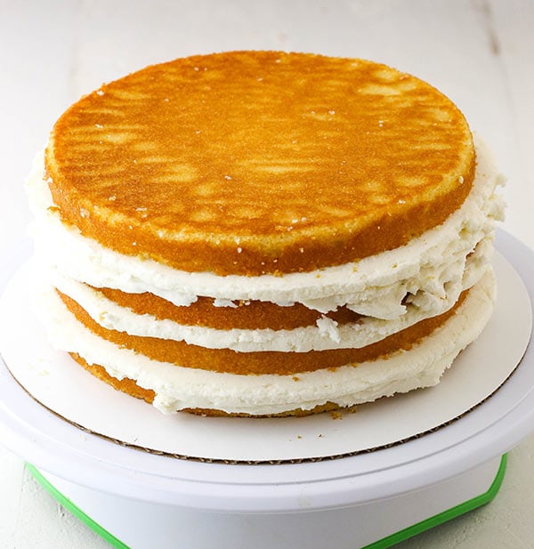 a stacked cake with three fillings