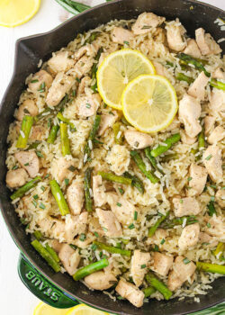 overhead image of Lemon Rosemary Chicken and Rice in skillet