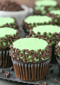 close up image of Mint Chocolate Chip Cupcakes