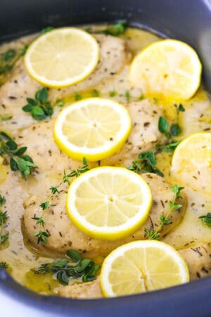 Cooked Chicken Breasts in a Slow Cooker with Sauce, Herbs and Lemon Slices