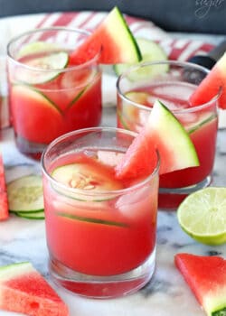 Three Watermelon Elderflower Cocktails Garnished with Watermelon Slices